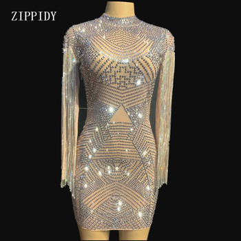 Sexy Transparent Silver Rhinestones Dress Mesh See Through One-piece Crystals Fringes Dress Birthday Celebrate Costume YOUDU